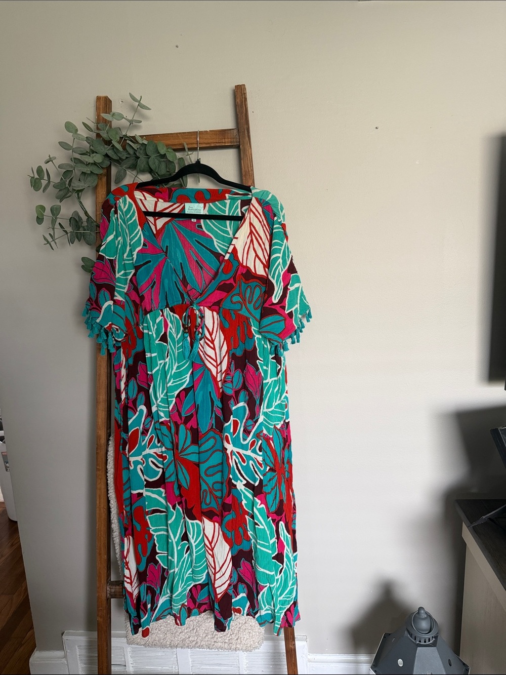 Tropical Leaf Swim Coverup Maxi Dress - Teal & Fuchsia